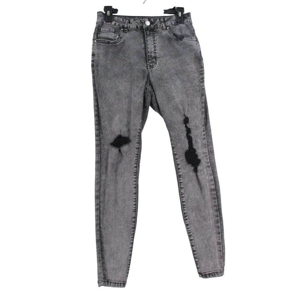 Acid Wash Gray Distressed Skinny Jeans High‎ Rise Ripped Denim Pants Womens